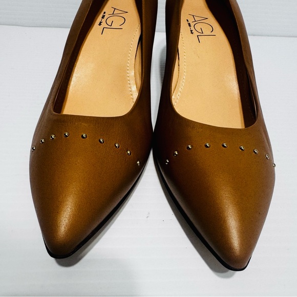 AGL Tan Leather Studded Block Heels Size 39 1/2 - Picture 9 of 15